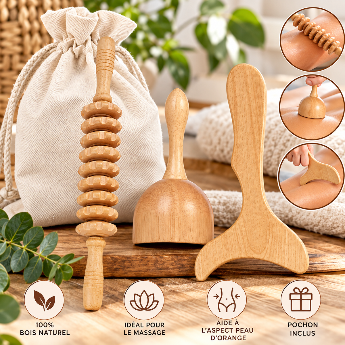 Outil de massage manuel en bois pour le corps